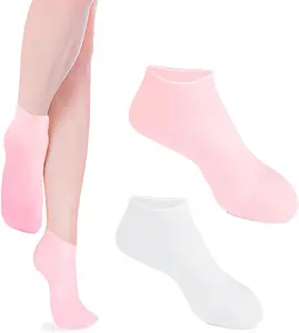 2 Pairs Silicone Socks for Women, Soft Gel Socks, Aloe Socks, Moisturizing Foot Socks, Women's Spa Pedicure Socks for Repairing Dry Feet, Cracked Heels and Softening Rough Skin- Pink & White