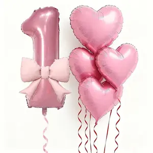 6pcs Bow Heart Balloons, 32 Inch Number Aluminum Foil Balloons, Perfect for Birthday Party, Wedding, Proposal, Anniversary Decorations