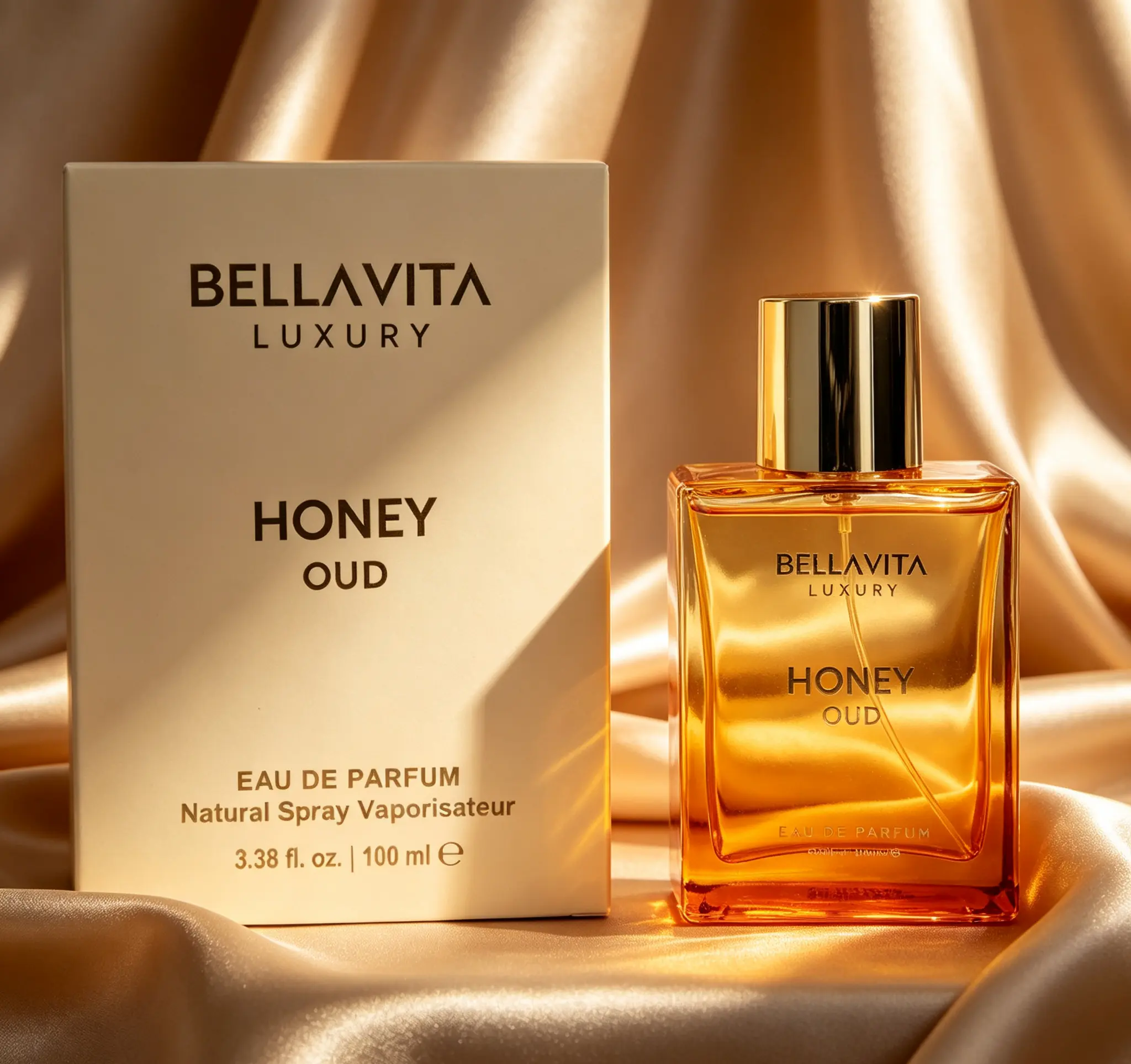 BellaVita Luxury Honey Oud Eau de Parfum 100ml, Natural Clean Vegan Essential Oils, Cruelty-Free Unisex Scent, Spicy Floral Notes Bergamot Vanilla Patchouli Luxury Fragrance