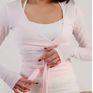 Women's Pink Wrap Top with Long Sleeves and Tie Front Design for Comfort and Style