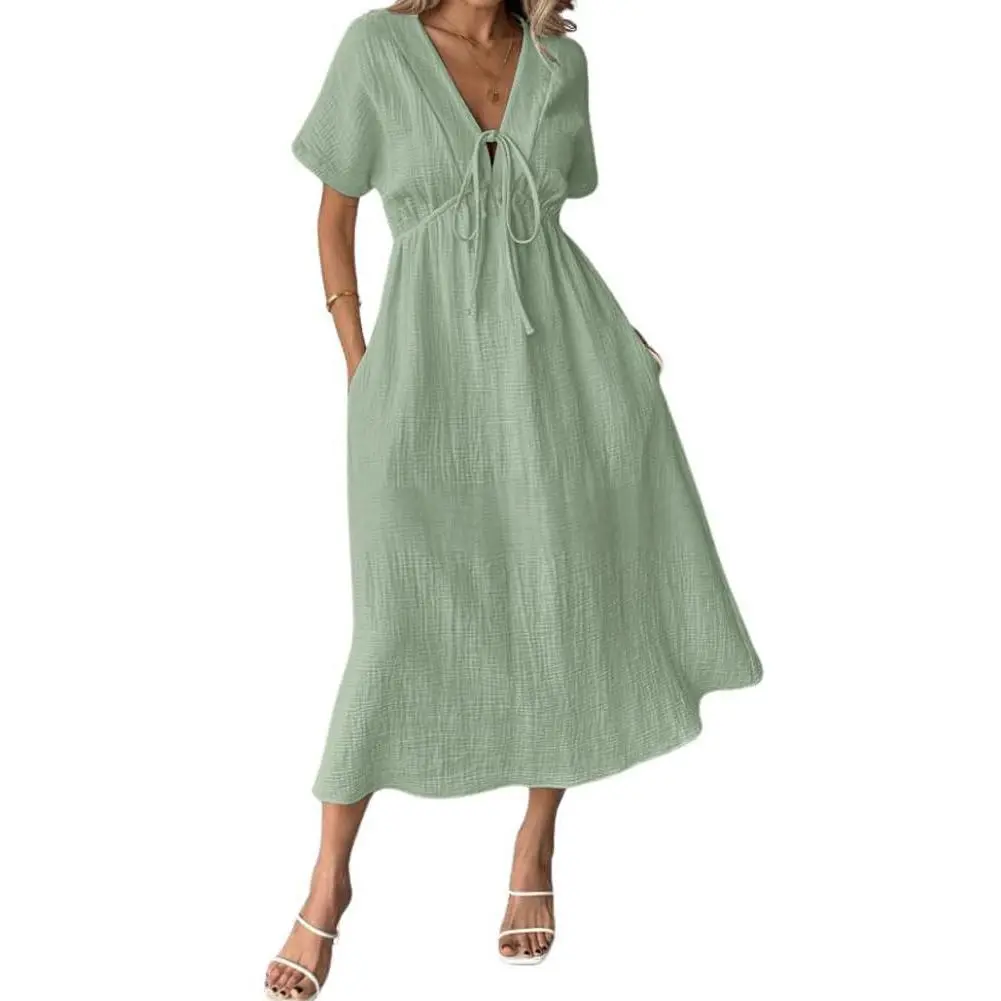 Chouyatou Women's Summer Solid Color V-Neck Cotton Dress Bohemian Style Casual Loose Short-Sleeve Drawstring Beach Dress with Pockets