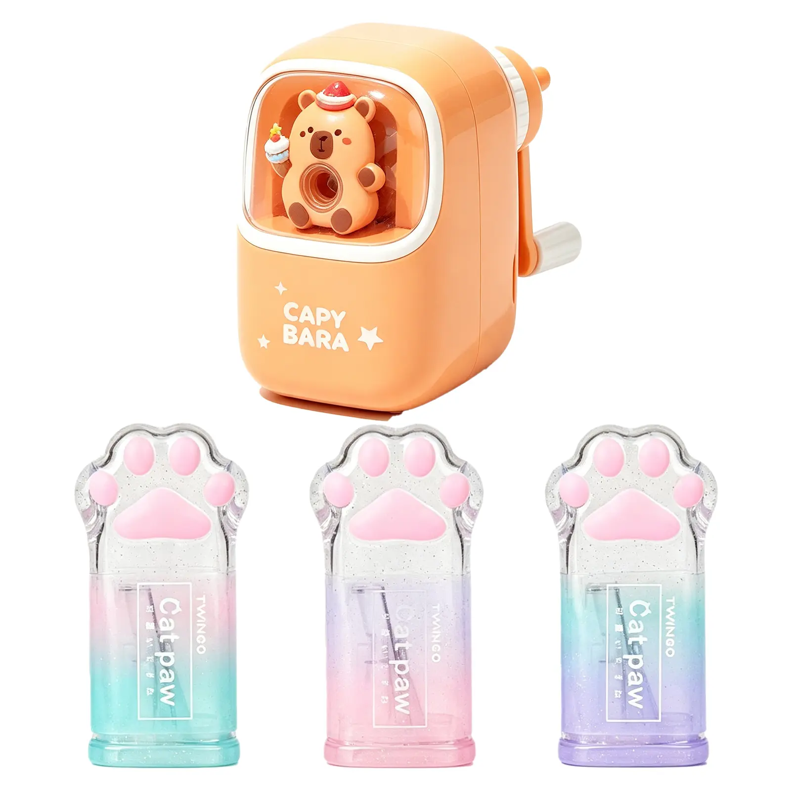 2Pcs Cute Kawaii Pencil Sharpener, Capybara Crank Sharpener & Glitter Cat Paw Handheld Sharpener, Portable Manual Pencil Sharpener for Kids Students School Office