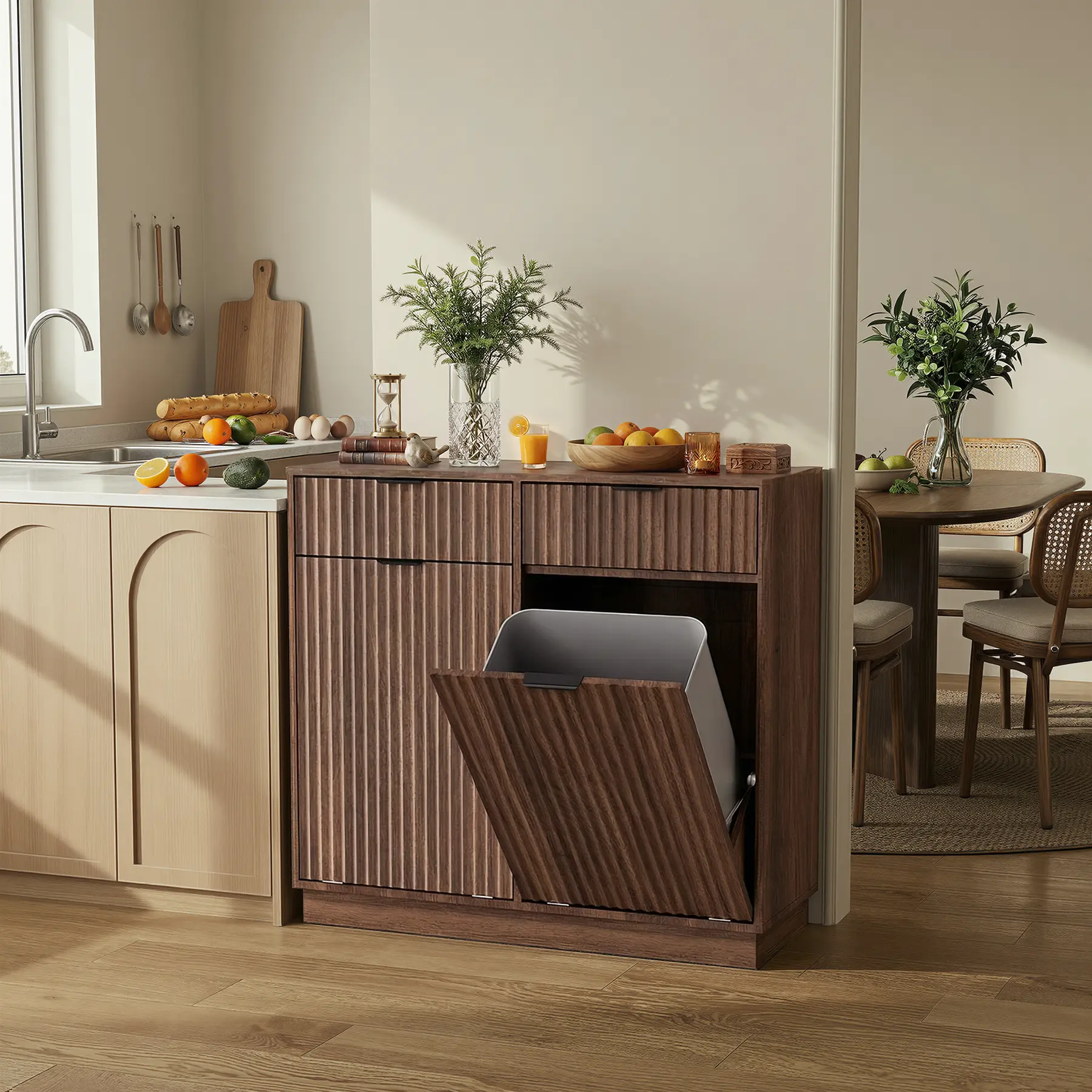 Oakault Durable 20 Gal Walnut-1 Double Tilt-Out Trash Cabinet - Freestanding Fluted Laundry Hamper, 2 Drawers, Semicircular Arc Design, Wooden Hidden Kitchen Garbage Can, Space-Saving Stable Furniture for Kitchen, Bathroom, Assembly Required