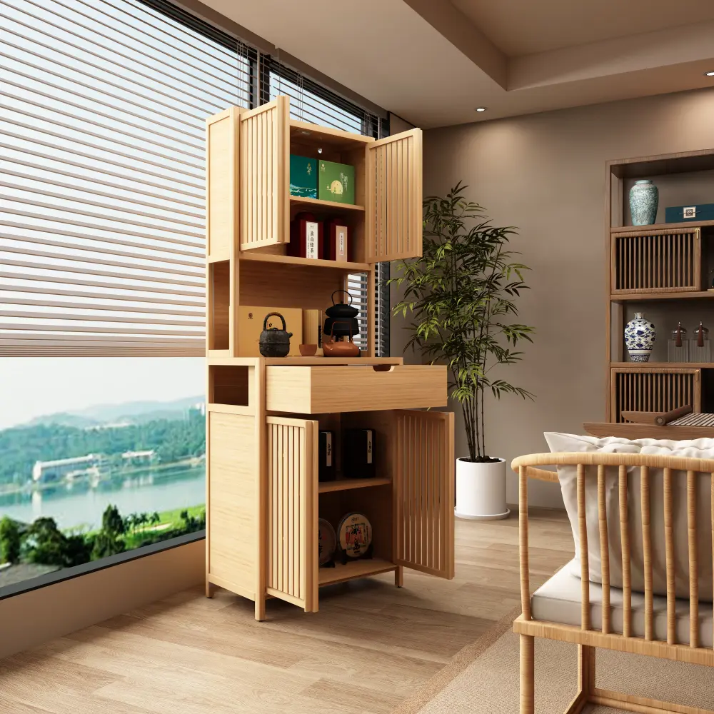 72ft Rustic Wood Grain Double-Door High-Capacity Storage Cabinet - Environmental Protection Natural Bamboo Indoor Cupboard, Secure and Comfortable for Dining Rooms, Living Rooms