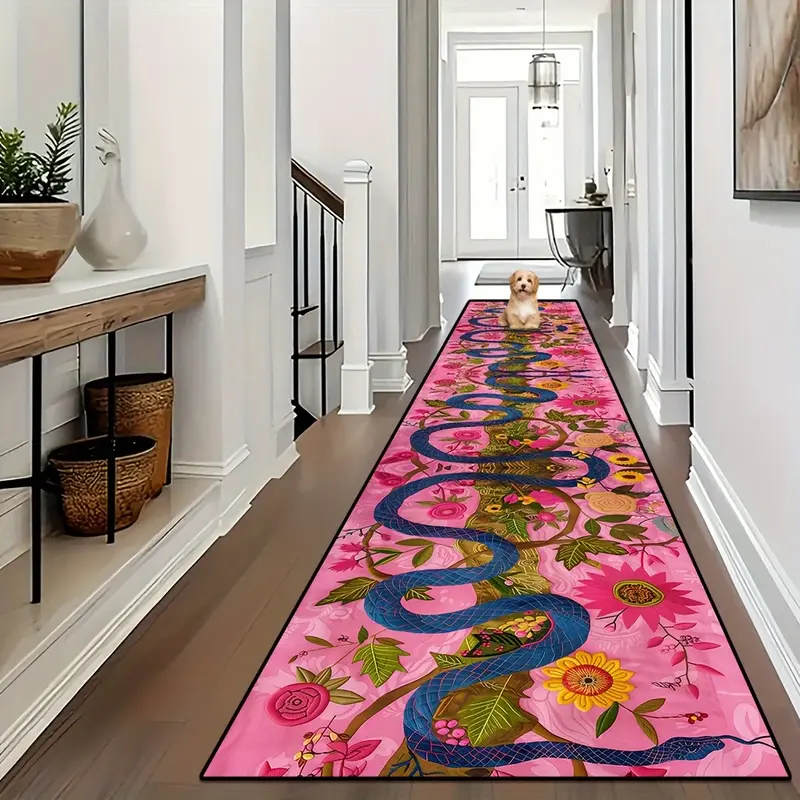 Golden Diamond Velvet 1pc, Blue Snake Pattern Coffee Shop Corridor Soft and Comfortable Mat, Art Gallery Indoor Pink Anti-slip Mats, Living Room Stylish Decoration Long Carpets, Balcony Runner Rugs