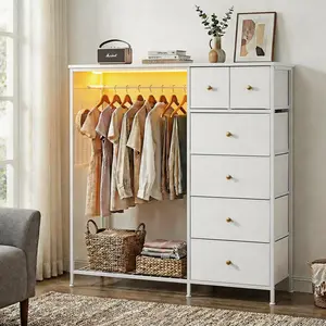 Modern 6-Drawer Fabric Chest Dresser with Clothes Storage Cabinet, Hanging Rack, LED Lights, Built-in USB+AC Charging Station & Wooden Top - Indoor Home Furniture for Bedroom, Living Room