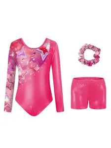 Girls' Star Pattern Long Sleeve Onesie Set, Shorts & Hair Tie, Dancewear, 3-Piece, Summer Gift Set, Cute Toddler Clothing, Outfits