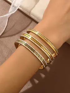 Elegant Greek Wave Zircon Stainless Steel Bracelet Set, Rhinestone Bling Bangles, Casual Fashion Jewelry for Women, All Seasons
