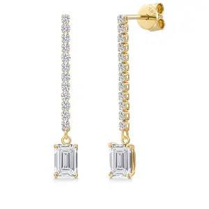 Gem Stone King 14K Yellow Gold Lab Grown Diamond Long Liner Dangle Earrings for Women | 1.66 Cttw | Emerald Cut 6X4MM | DEF Color | VVS-VS Clarity | Yellow Gold Chain Drop Earrings