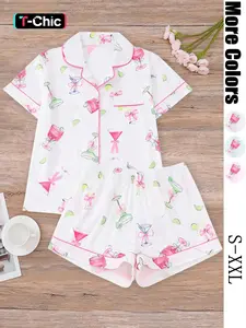 Women's All Over Cocktail Print Button Front Shirt & Elastic Waist Shorts Pyjama, Casual Comfy Short Sleeve Top & Shorts PJ Set, Ladies Sleepwear for All Seasons, Loungewear, Sleepwear Pajamas Set