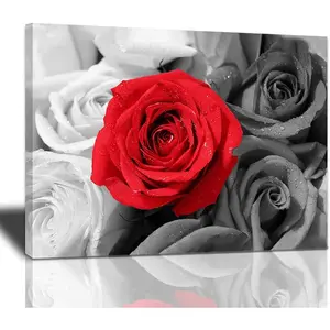 Black White And Red Rose Canvas Wall Art, Abstract Rose Flowers Picture Artworks Painting Print Posters Modern Home Decorations Framed Ready To Hang For Living Room Bedroom Bathroom Kitchen12x16inch Gift Photo Wood Ornaments Artistic Hanging