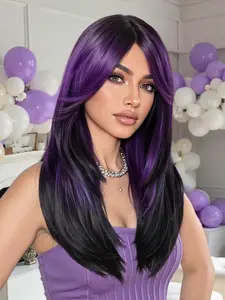 20 Inch Highlights Straight Wig with Bangs, Natural Soft Fiber Full Head Cap, Daily Wear Festival Halloween, Synthetic Hair Wig