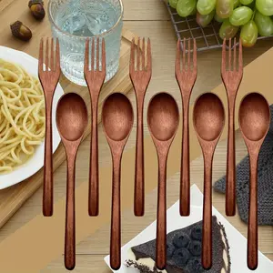 10 Pieces Wooden Spoons Forks Set Wood Dinner Utensil Set Reusable Flatware Tableware Set Handmade Natural Cutlery Set Includes Wood Spoon Fork for Cooking Stirring Eating Portable Dinnerware kitchen supplies party supplies gift