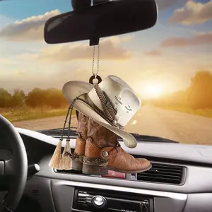 Personalized Denim Boots Hat Culture Ornament, Flat 2D Non-3D Car Interior Hanging Decor, Car Accessories for Stylish Interiors, Car Hanging Decoration