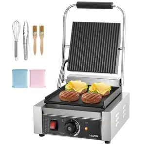 VEVOR Commercial Panini Grill Griddle, 1800W Electric Sandwich Press, Stainless Steel with Handle & Temp Control, 8.8x9 in Flat Enamel Plate, for Hamburger, Steak