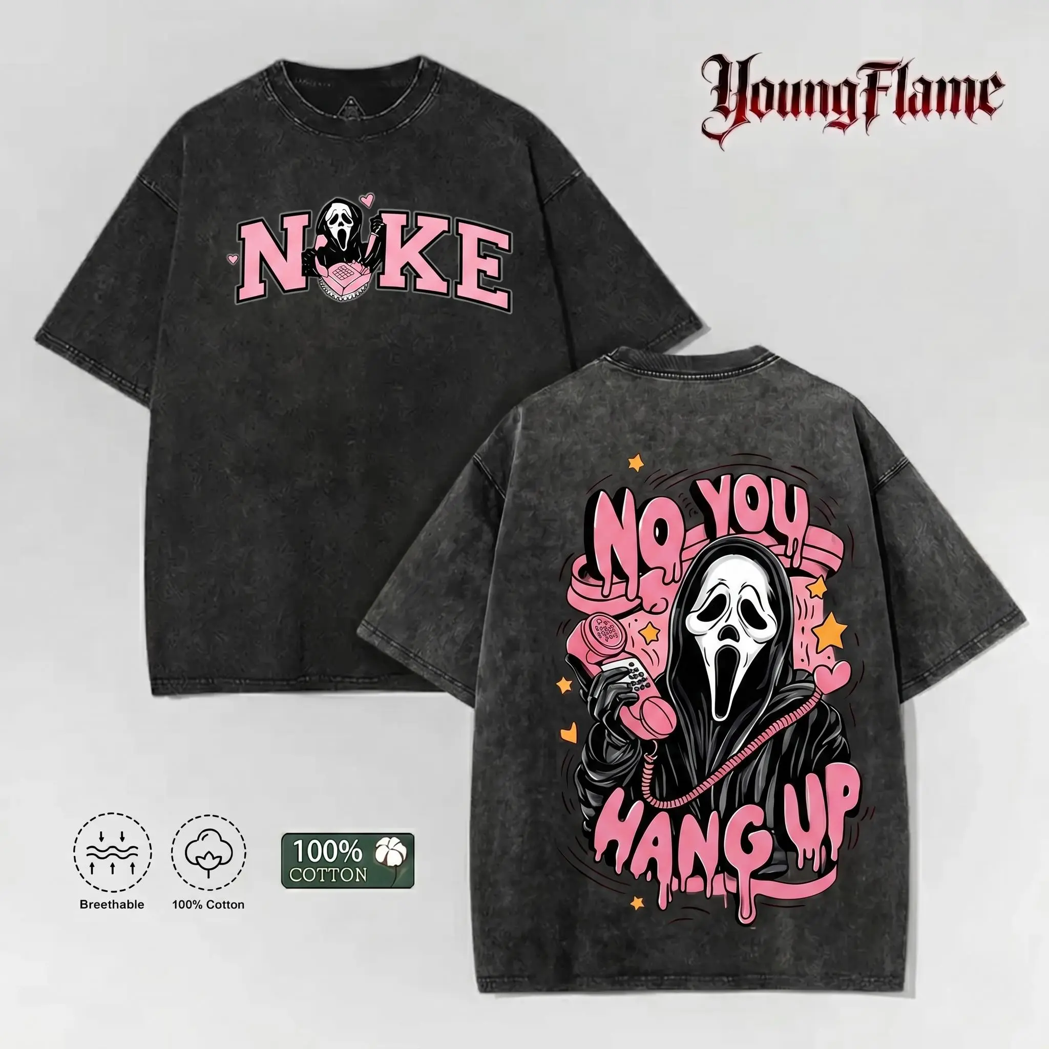 Vintage Acid Wash "No You Hang Up" Graphic Tee | Creepy Cute Ghost Oversized Shirt | 100% Cotton Y2K Parody Streetwear short-sleeved t-shirt men cottontees top vintage menswear loose fit summer casual shirt