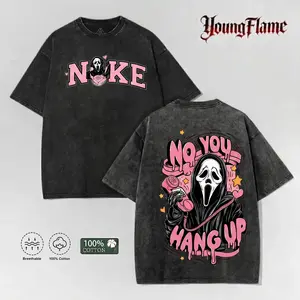 Vintage Acid Wash "No You Hang Up" Graphic Tee | Creepy Cute Ghost Oversized Shirt | 100% Cotton Y2K Parody Streetwear short-sleeved t-shirt men cottontees top vintage menswear loose fit summer casual shirt