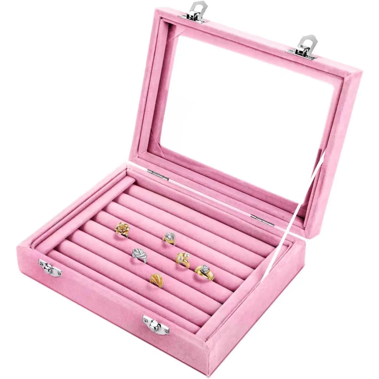 Box Rings Organizer Tray 7 Slots  Earring Storage Box With Transparent Lid  Display Case for Women (Light Pink)