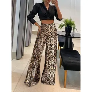 Leopard Print Sequin Wide-Leg Pants for Women - Stretchy Polyester Blend, Machine Washable - Perfect for Spring/Fall Parties Can be used with raincoat