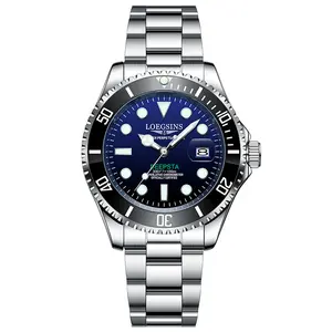 LOEGSINS Men's Automatic Dive Watch 44mm Blue Dial Stainless Steel Bracelet Stylish Luminous Day-Date Display 2-Year Warranty