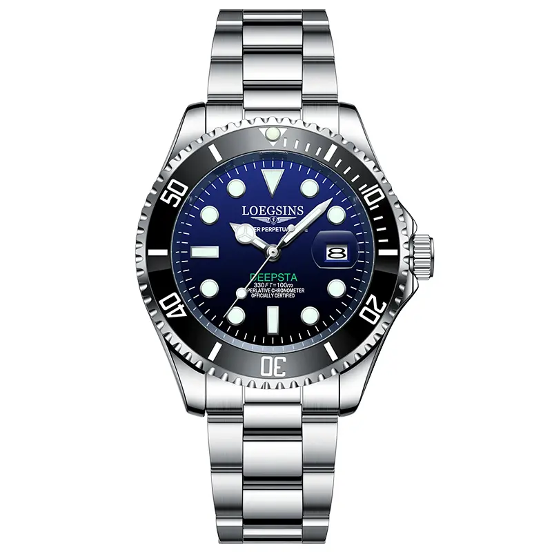 LOEGSINS Men's Automatic Dive Watch 44mm Blue Dial Stainless Steel Bracelet Stylish Luminous Day-Date Display 2-Year Warranty