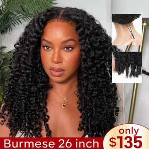 【26‘’ Burmese=$135】Tahikie Burmese Curly 7x6 HD Lace 200% Density Pre Plucked Glueless Natural Black/99J Burgundy Afro Kinky Curly / Deep Wave / Body Wave / Water Wave Human Hair Wigs Upgrade With Drawstring Cap One-Step Invisible Hairline For Women