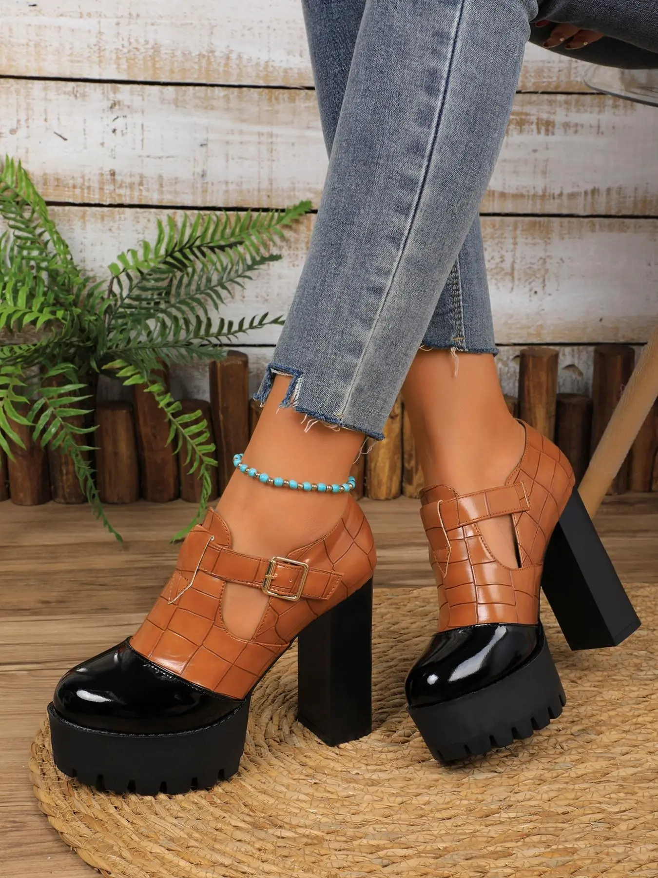 Fashionable Plaid Pattern PU Leather, Casual Versatile High Heel Shoes for Daily Wear, Lightweight Breathable Comfortable Shoes for Women, Elegant Heeled Shoes, Classy, Womens shoes, Mary Jane Style Shoes