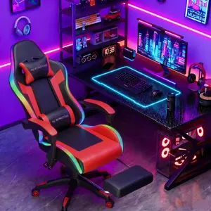 【RGB CHAIR】Mr IRONSTONE Gaming Chair, Computer Chair with Lumbar Support and Footrest Height Adjustable, Game Chair with 360°-Swivel Seat and Headrest, for Office or Gaming, Black/Red