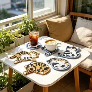 Adorable Fabric Kitten Coasters for Cat Lovers, Home & Festive Decor Supplies, Tableware Table Protection to Keep Surfaces Dry & Stylish