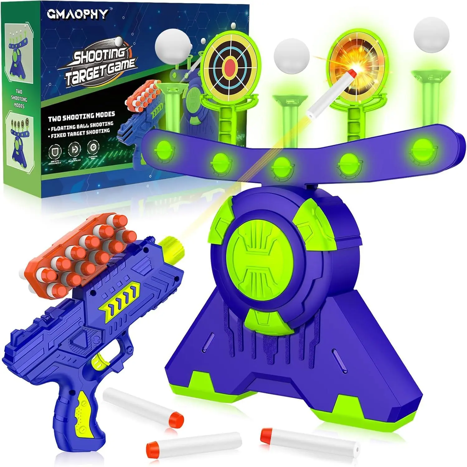 Glow-in-the-Dark Shooting Target Game - Unisex Floating Ball Gallery with Foam Dart Blaster, 20 Darts, 10 Balls, 5 Flip Targets - Indoor Christmas/Birthday Toy for Ages 6-8+ to Build Confidence, Patience, Memory (For Boys, Girls)