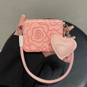 Korean Pink Camellia Phone Case with Heart Pendant Leather Strap for Samsung Galaxy ZFlip7 Z Flip6 ZFlip 5,for Huawei Pura X