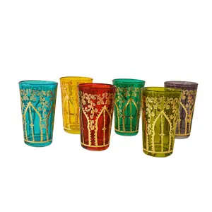 Hand Painted Moroccan Glasses Set of 6 Glasses Colorful Gold Door Design Teacup Set For Mint Tea