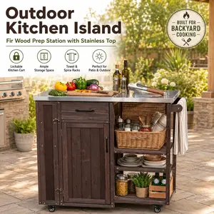Outdoor Kitchen Island Prep Station with Stainless Steel Top Fir Wood BBQ Cart Lockable Wheels Storage Cabinet Towel and Spice Racks for Patio Backyard Grilling Station Patio Cooking Worktable Brown