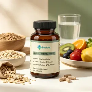 Blends psyllium husk, inulin, and fruit and vegetable fibers to soften accumulated waste, promote intestinal motility, and adsorb fats and sugars.