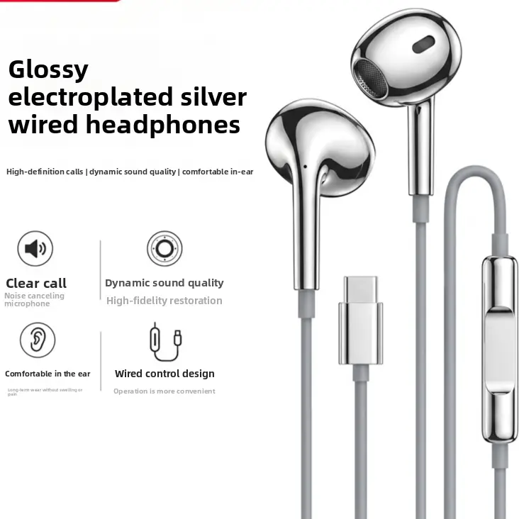 Wired Earbuds with Microphone, HiFi Stereo In-Ear Headphones, 3.5mm AUX, USB-C & Lightning Options, Noise Isolating Earphones for iPhone, Android, Tablet & Laptop, Electroplated Silver Glossy Wired Headphones
