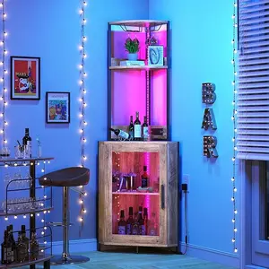DWVO Corner Wine Cabinet with Power Outlets & LED Lights, Corner Bar Cabinet with Glass Holder, Liquor Bar Rack Cabinet for Living Room, Dining Room, Kitchen, Gray Oak