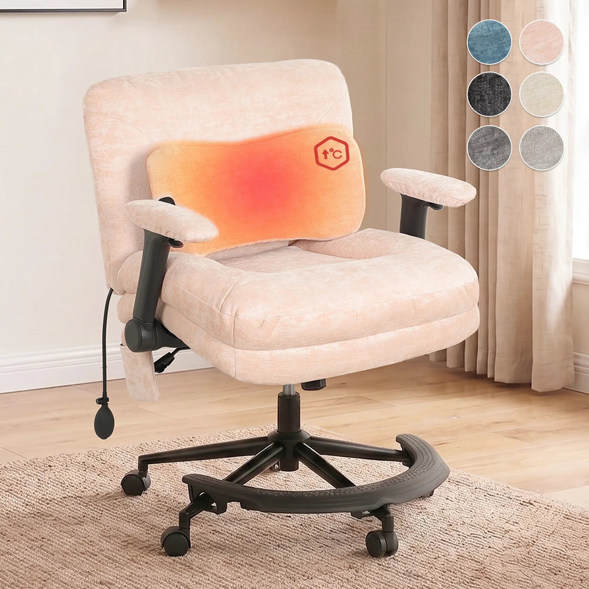 SOUTTEE Ergonomic Computer Chair - Adjustable-Height Square Furniture, Air Cushion Backrest, Multi-Directional Adjustable Armrests, Soft Padded Cotton Fabric Seats, Heated/Non-Heated Lumbar Support for Supportive Sitting