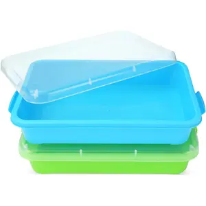 Sensory Bin Sand Tray with Lid for Toddlers 2 Pcs 15in Portable Sandbox Toy Large Plastic Tray for Kids 3 4 5 6 Fill with Sand, Water, Beads, and More (Green+Blue)
