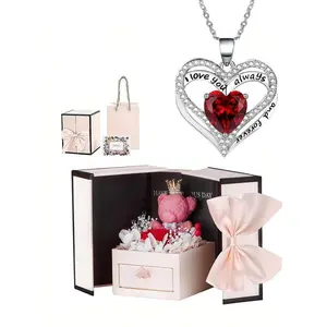 Elegant Rose Bear Gift Box with Heart Pendant Necklace, Mother's Day Gift, Women Jewelry Gift, Christmas Valentine Anniversary Gift