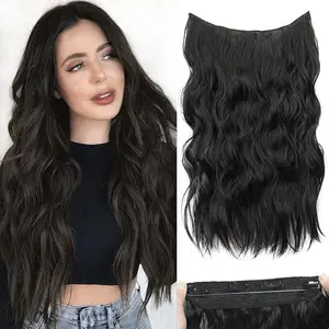 LINGHANG Invisible Wire Hair Extensions with Transparent Headband Adjustable Size 4 Secure Clips Long Wavy Highlight Hairpiece