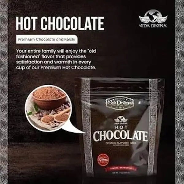 Vida Divina Hot Chocolate Premium Flavored Drink Infused with Reishi 320mg Non-Dairy Creamer 15 Sachets 32g per Serving Old Fashioned Flavor