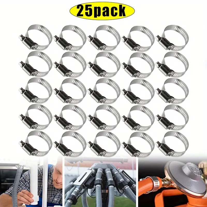 25 Packs Heavy-Duty Stainless Steel Hose Clamp Assortment Kit with Adjustable Worm Gear Screw Clamps for Plumbing, Automotive, Fuel Lines, Radiator, Tubes, Pipe Clamps for DIY & Professional