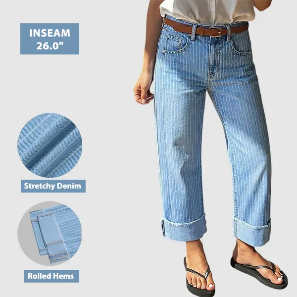 Flamingals Striped Roll Hem Seam Front Mid Rise Straight Leg Jeans Without Belt Stretchy 30-32'' Inseam
