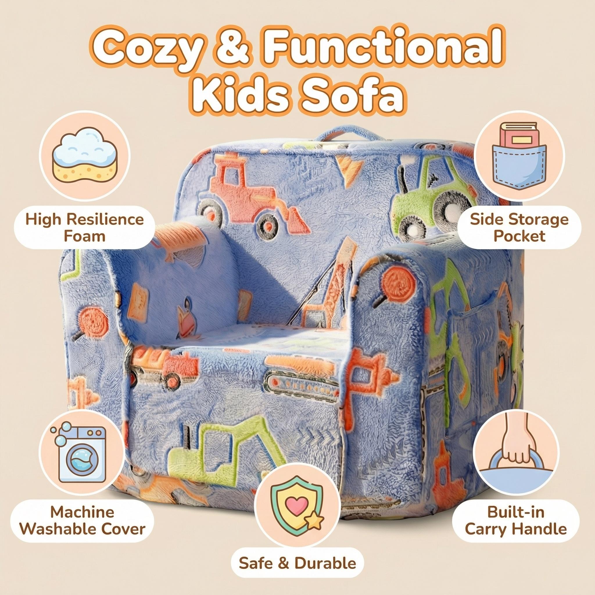 Kids Couch, Comfy 2-6 Years Old,, Toddler Couch Sofa, Kid Sofa  for Boys and Girls Gifts, Kids Recliner, Cartoon pattern of blue engineering vehicle