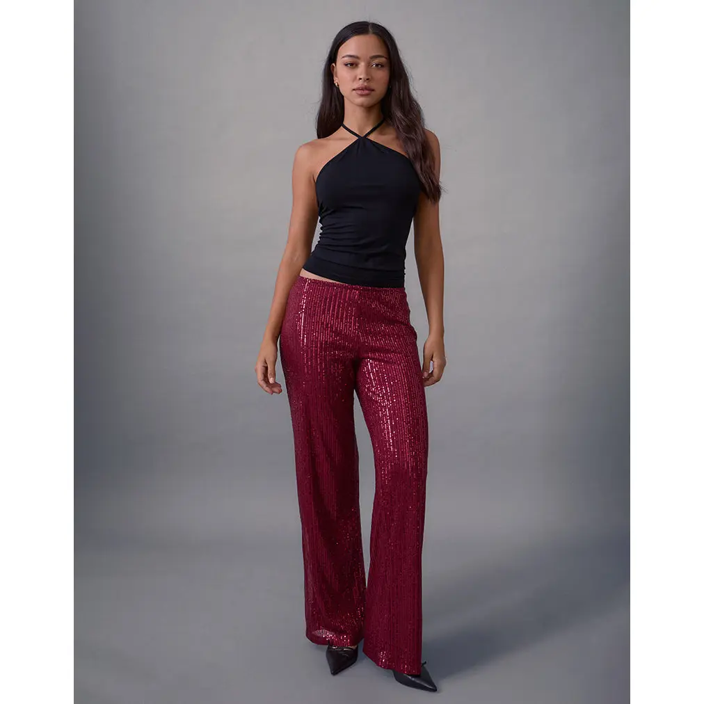 Wilaga Wide Leg Trouser in Sequin Maroon