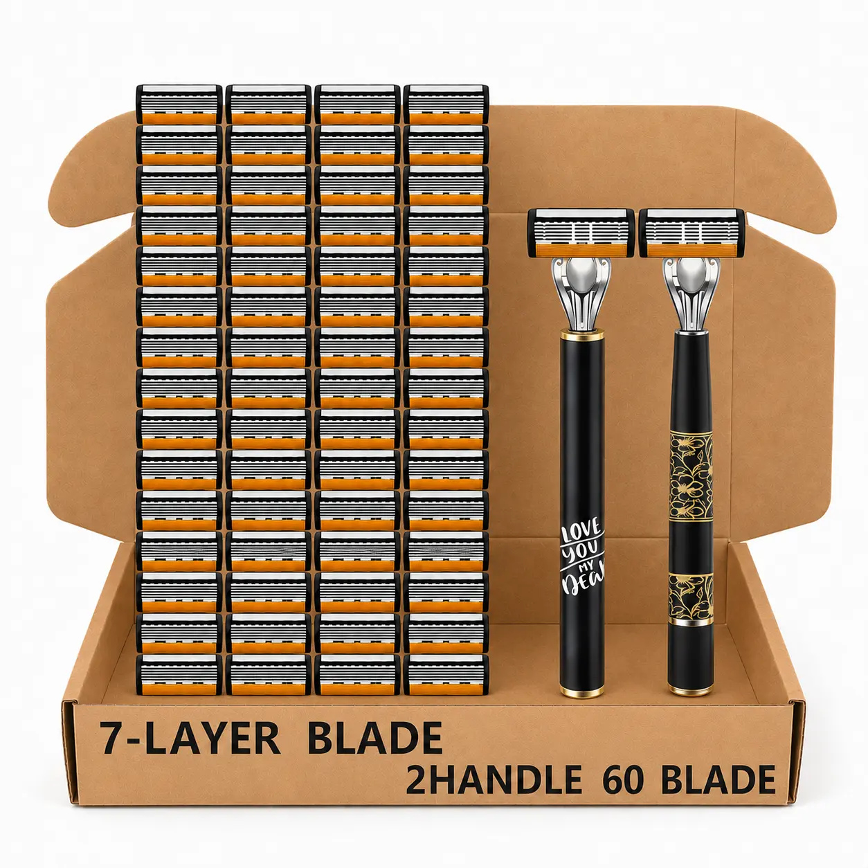 Men’s 7-Layer Manual Razor Set with 2 Handles, 60 Replacement Cartridges, Stainless Steel Blades for Thick Beards, Facial Use, Head Shaving & Daily Grooming, Ideal Gift Option, Smoothing, Gym, Wood, Sensitive Skin
