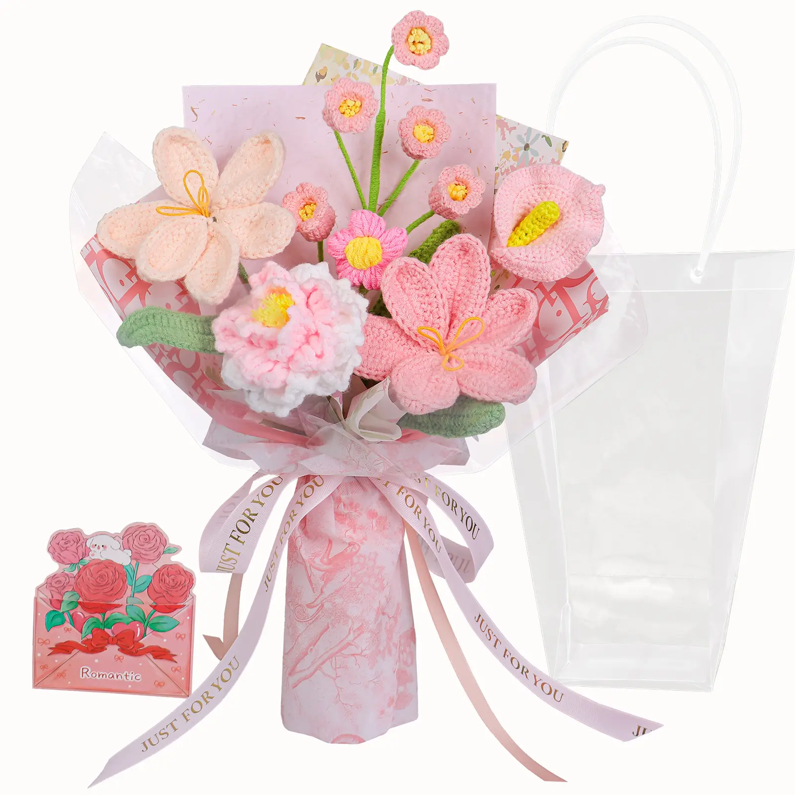 RIDDSEE Handmade Crochet Lily & Tulip Decorative Bouquet Flowers - Pink Artificial Floral Arrangement with Gift Box, Blank Card, New Zealand Style for Birthday, Room Decor (Home Supplies), Womens Gifts, Handmade Craft, Home Decor Items