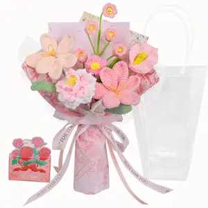 RIDDSEE Handmade Crochet Lily & Tulip Decorative Bouquet Flowers - Pink Artificial Floral Arrangement with Gift Box, Blank Card, New Zealand Style for Birthday, Room Decor (Home Supplies)