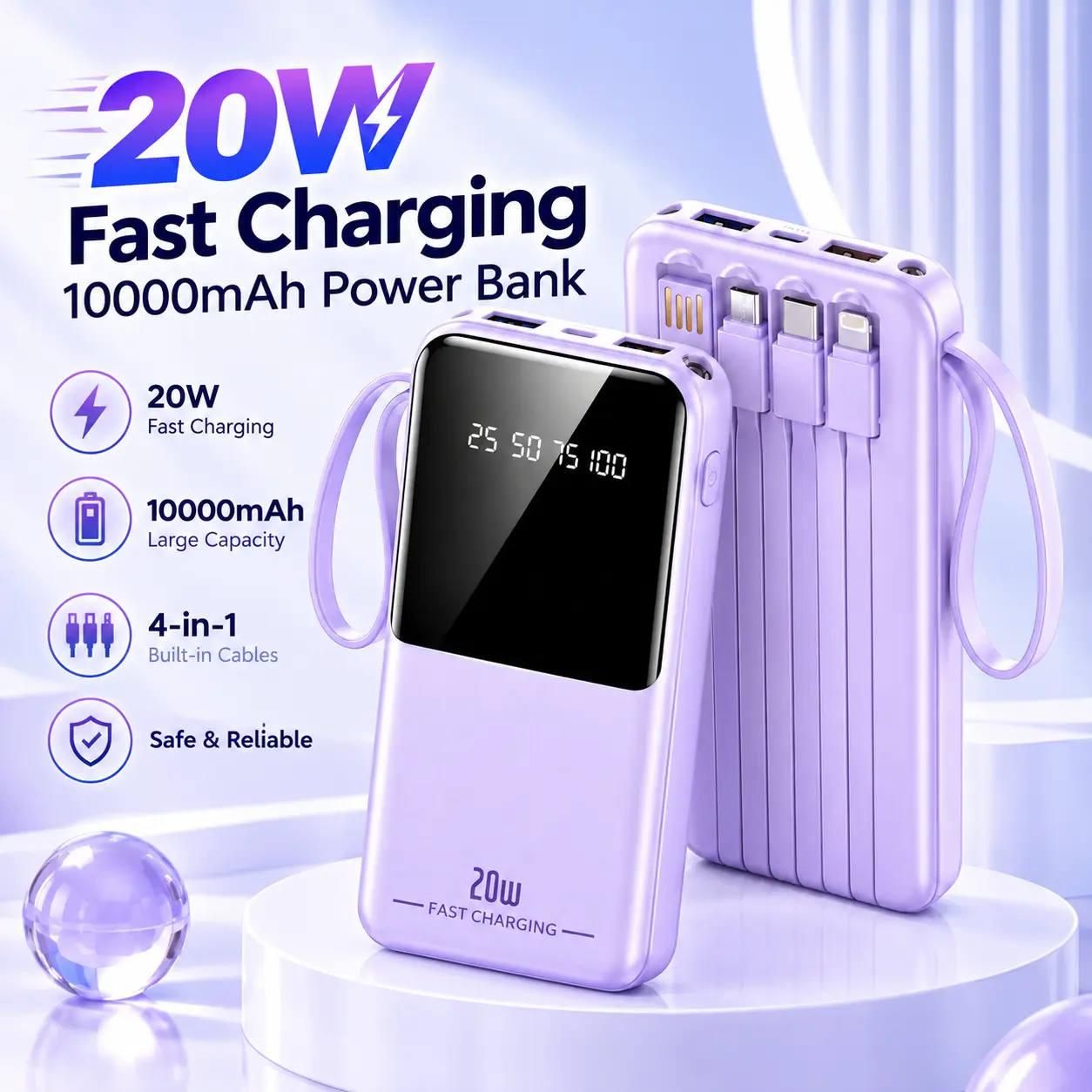 10000mAh Portable Charger with 20w Fast Charging  Built-in Cables, Digital Display, Compact Power Bank for iPhone, Android, Tablets & More Portable Battery Pack  — with LED Flashlight for Camping, Travel, Emergency