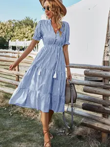 Women's Striped Print Dress, Casual Chic Outfit Fashion Dress for Daily Outdoor Wear, Women Dress for Summer Womenswear